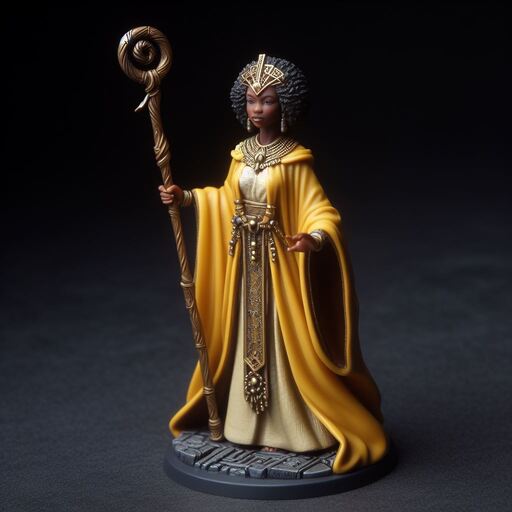 Figura pintada de mago con túnica amarilla y bastón