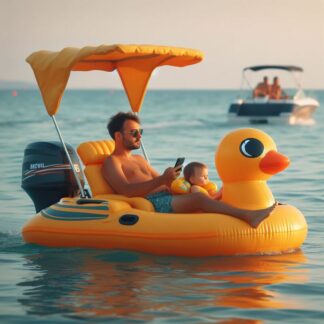 Melotadoso patito XXXL, ideal para familias. Por control remoto y motor fuera aborda incluido, color amarillo, con sombrilla