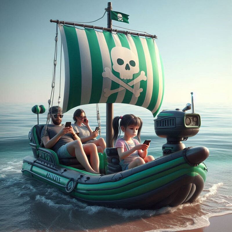 Melotadoso barco pirata, hinchable, con motor, control remoto con el movil, para toda la familia